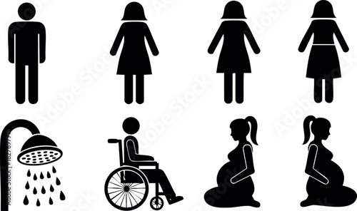 Silhouettes of people shower wheelchair pregnant woman sitting kneeling icons vector illustration