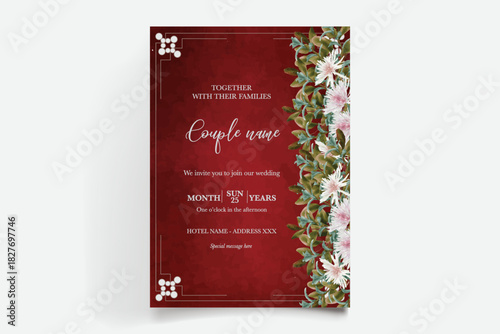WEDDING INVITATION FRAME WITH FLOWER DECORATIONS AND FRESH LEAVES