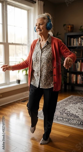 Smiling senior woman dancing at home while listening to music in headphones