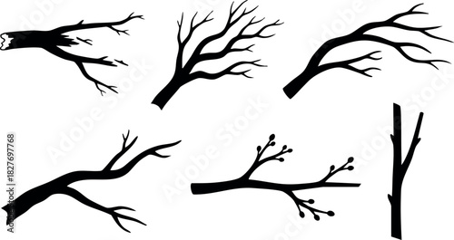 Black silhouette tree branches with multiple shapes and sizes simple natural design vector illustration