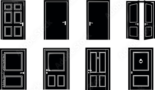 Black silhouette door vector set with open and closed styles for design and decoration
