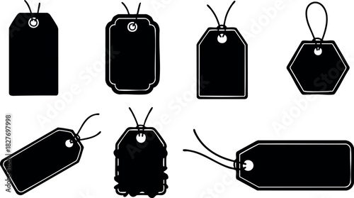 Black price tags collection blank sale labels various shapes vector illustration simple design