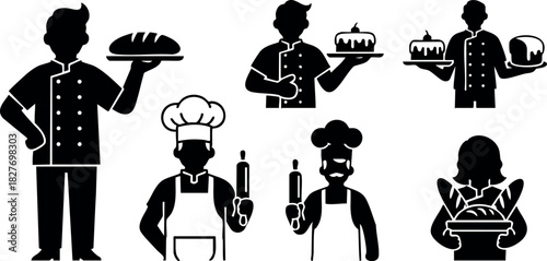 Chef baker silhouette holding bread cake rolling pin culinary profession vector illustration