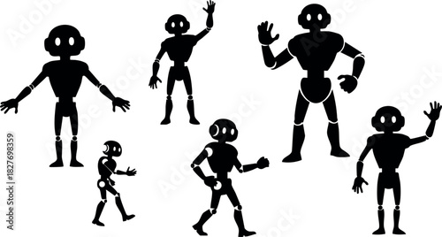 Black humanoid robot silhouettes waving different poses isolated vector illustration