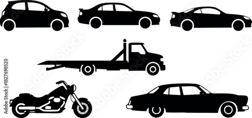 Silhouette set of various car models tow truck and motorcycle vector illustration