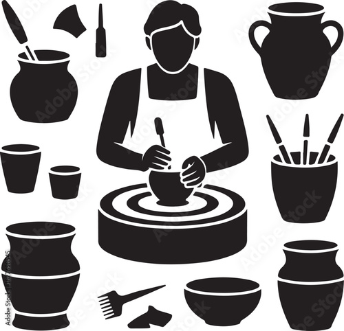 Pottery artist making clay pot on wheel with tools and vases