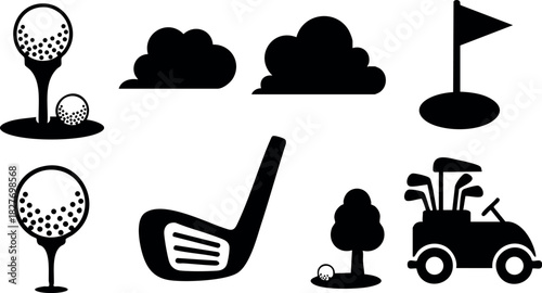 Golf sport equipment golf ball golf club golf cart golf flag golf tee golf course vector illustration