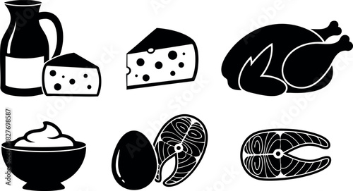 Dairy meat egg fish icons black silhouette vector illustration simple design