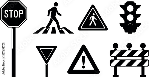 Traffic signs and pedestrian crossing symbols set vector illustration black icons on white background