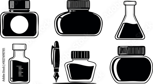 Ink Bottles and Pen Vector Illustration Set for Writing and Drawing Tools Design Collection