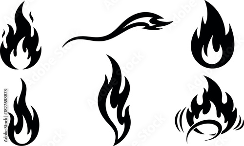 Black fire flame icons vector collection isolated on white background simple design