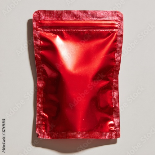 A striking red pouch rests against a soft, neutral backdrop, inviting curiosity about its contents. The sleek design emphasizes simplicity and elegance, perfect for packaging gifts or goodies