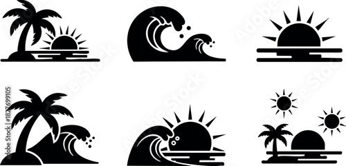 Beach sunset wave palm tree island tropical ocean silhouette nature vector icons set