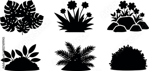 Black silhouette plants flower leaves bush grass garden nature collection vector illustration