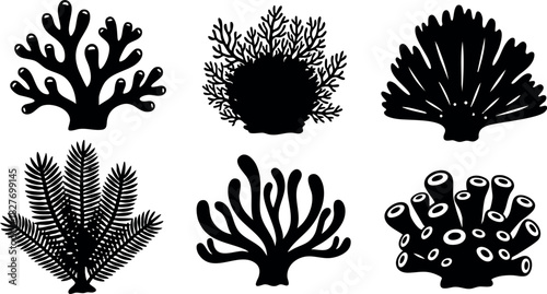 Black silhouette coral shapes vector set isolated on white background marine underwater sea life collection