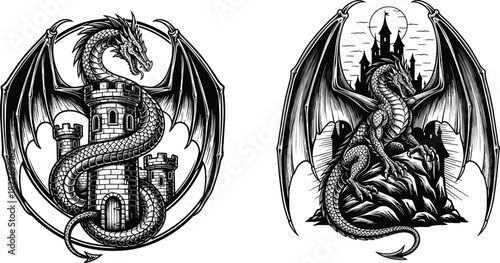 Fantasy dragon perched on rocky cliff and guarding medieval castle under moonlight, mystical creature illustration in circular frame, flat vector