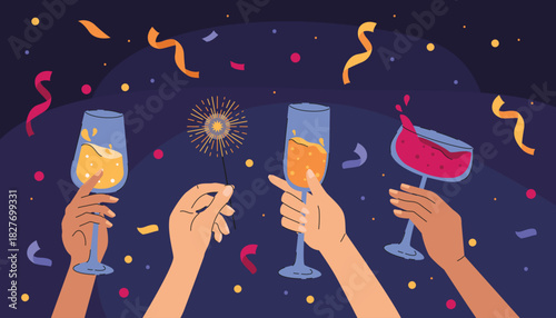 new year celebration. Human hands with champagne glasses and sparklers on confetti background. Vector illustration
