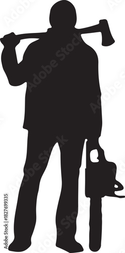 Print silhouette of a lumberjack holding an axe and a chainsaw isolated on