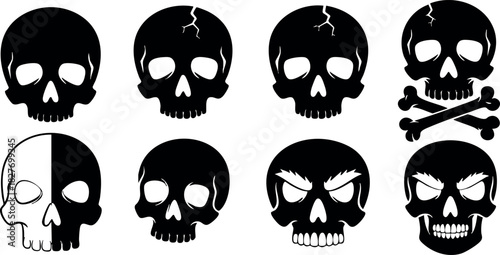 Set of black and white skull icons with cracks and crossbones vector illustration
