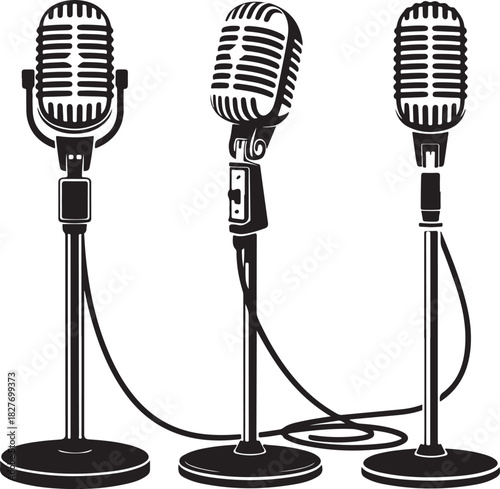 Retro Microphones Arrayed Vector Illustration for Podcast or Studio Recording