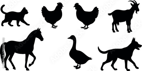 Silhouettes of common farm animals including cat chicken goat horse goose and dog vector illustration