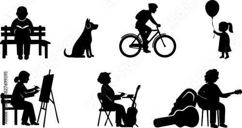 Silhouette people engaging in leisure activities with dog and bicycle vector illustration