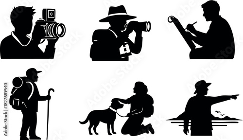 Silhouette photographer tourist hiker man woman dog outdoor nature adventure activity vector illustration