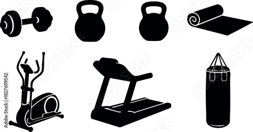 Gym equipment set with dumbbell kettlebells treadmill punching bag and yoga mat vector illustration