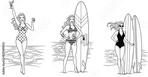 Beach women with surfboards and drinks in swimsuits, summer lifestyle fashion and ocean leisure scene in black white, flat vector