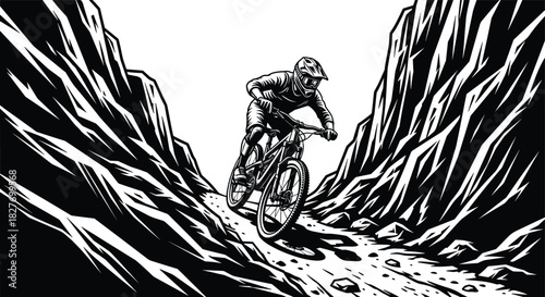 Mountain biker riding downhill through rocky canyon trail with helmet and gear, extreme adventure sport in rugged terrain, flat vector