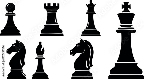 Chess pieces black silhouette set king queen rook bishop knight pawn vector illustration