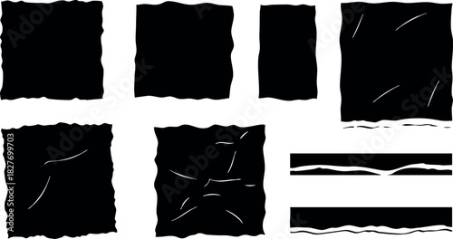 Black ink brush stroke textured vector set with rough edges and grunge style artistic design elements