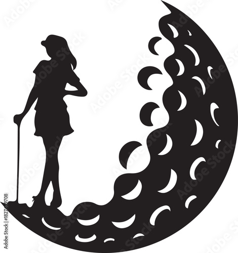 Print silhouette of a female golfer standing on a golf ball, isolated on