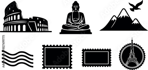 Vector set of travel icons with colosseum buddha statue mountain bird waves stamps and eiffel tower illustration