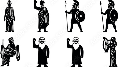 Ancient greek culture illustration vector set with statues warriors and musicians