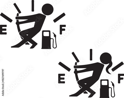 Print man and woman pushing fuel gauge to full isolated on