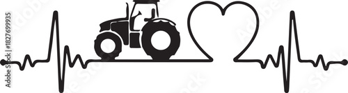 Print tractor heartbeat line isolated on, agriculture and farming