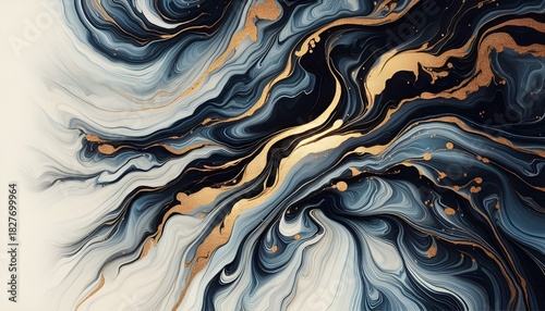 Elegant marble ink swirl wallpaper with flowing blue, black, and gold metallic veins. Smooth liquid texture