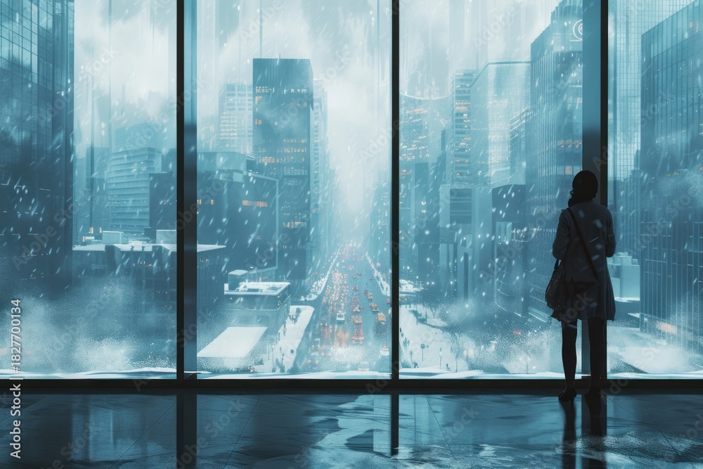 Fototapeta premium A business women dressed in formal clothes in front of a floor-to-ceiling window in an office architecture cityscape building.