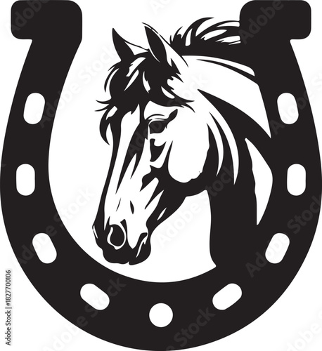 Print horse head inside horseshoe, black and white vector illustration design