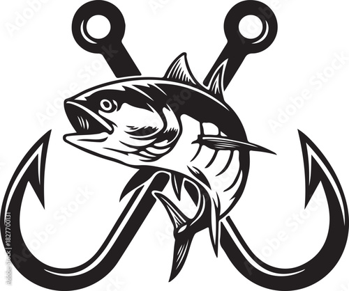 Print tuna fish with crossed fishing hooks isolated on vector art