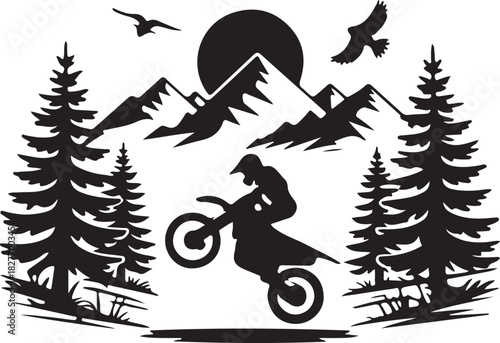 Print motocross rider silhouette jumping in mountain landscape isolated on