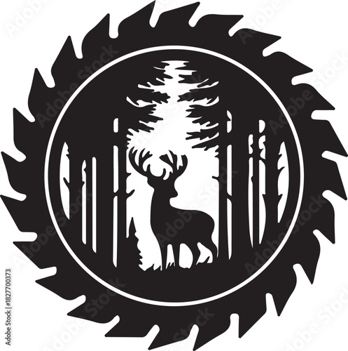 Print deer in forest silhouette inside saw blade isolated on
