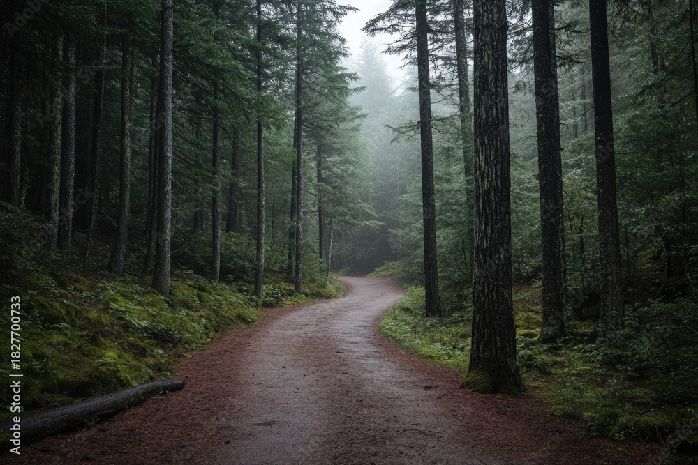 Fototapeta premium Path winding through a dense forest on a foggy morning. Nature landscape with towering evergreen trees and lush moss. Serene outdoor scene for travel.