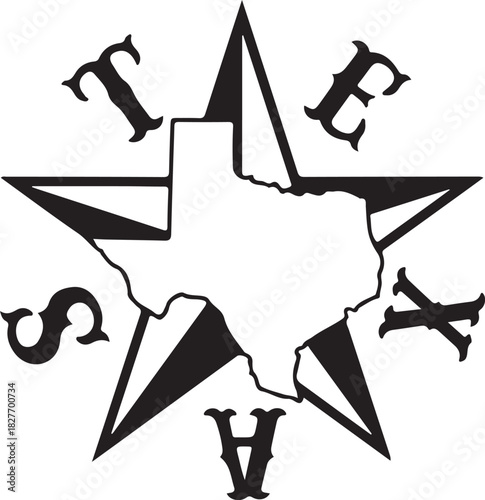 Print texas state map silhouette with star and letters isolated on