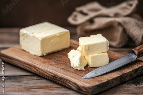 Block of creamy butter and cut cubes on rustic wooden board with knife. Fresh dairy product for cooking and baking ingredient.