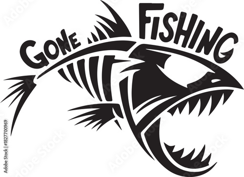 Print gone fishing skeleton fish with sharp teeth isolated on
