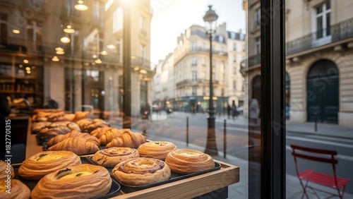 Fototapeta Naklejka Na Ścianę i Meble -  Pastries in a Parisian bakery window with street view.