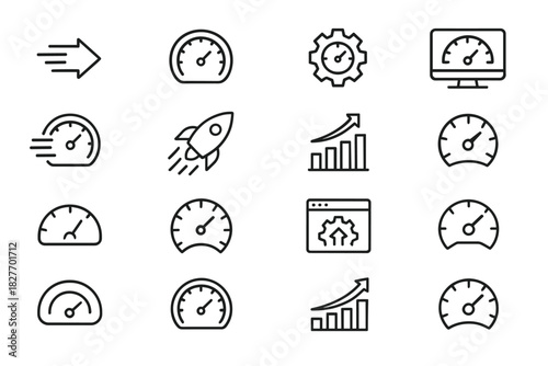 Set of speed and performance icons featuring arrows and gauges