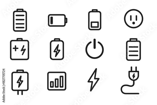 Battery and power icons set: charging, energy, and plug symbols